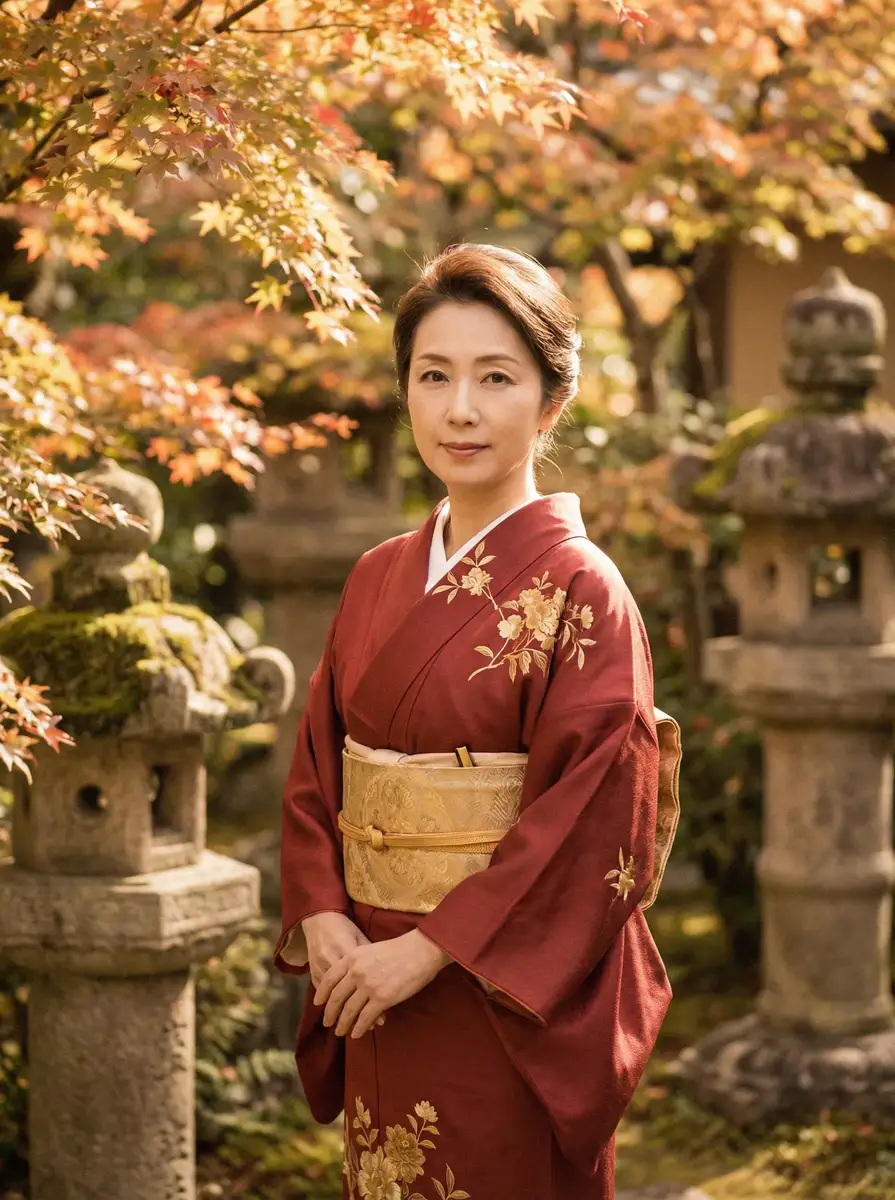 一位身穿暗红色和服的优雅 彩神通网站 在日式庭院中