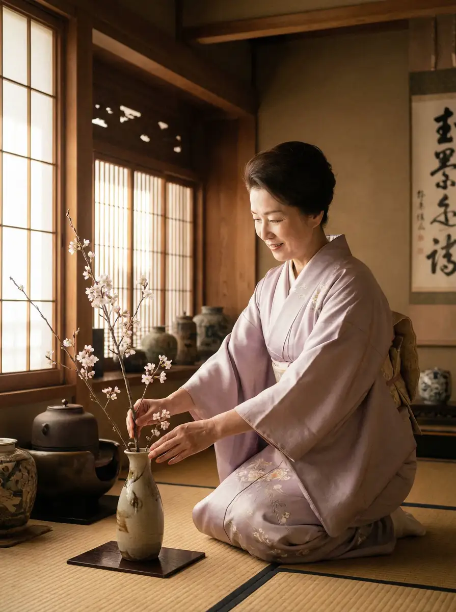 一位优雅的 彩神通网站 在和室中插花